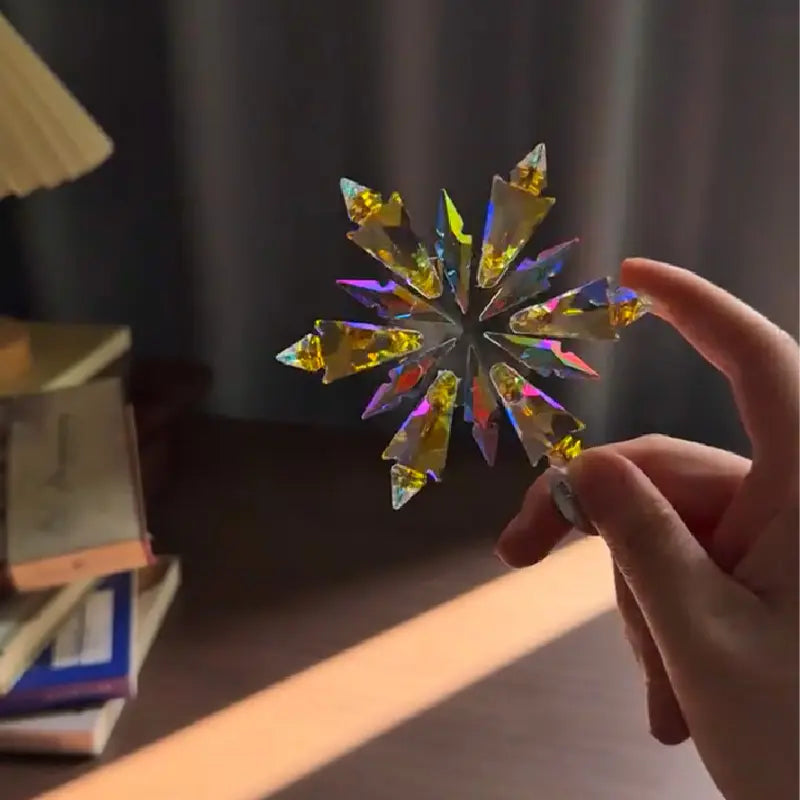 Crystal Snowflake Suncatcher in sunlight with rainbow prism reflections photo 6