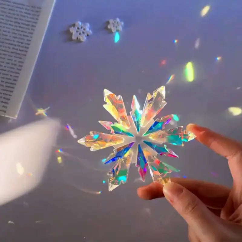 Crystal Snowflake Suncatcher in sunlight with rainbow prism reflections photo 3