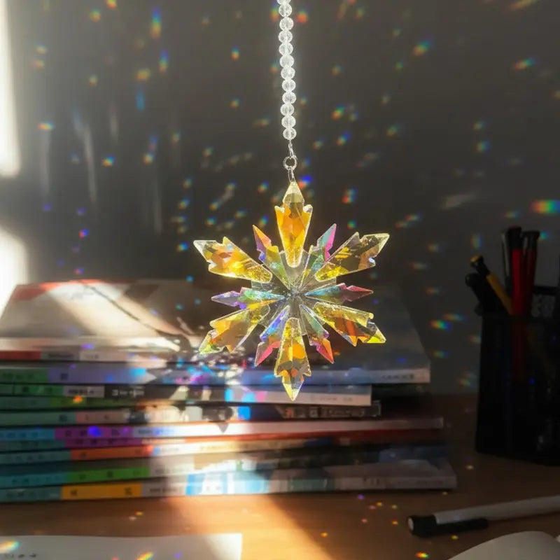 Crystal Snowflake Suncatcher in sunlight with rainbow prism reflections photo 7
