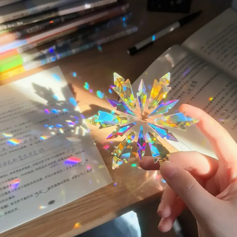 Crystal Snowflake Suncatcher in sunlight with rainbow prism reflections photo 8