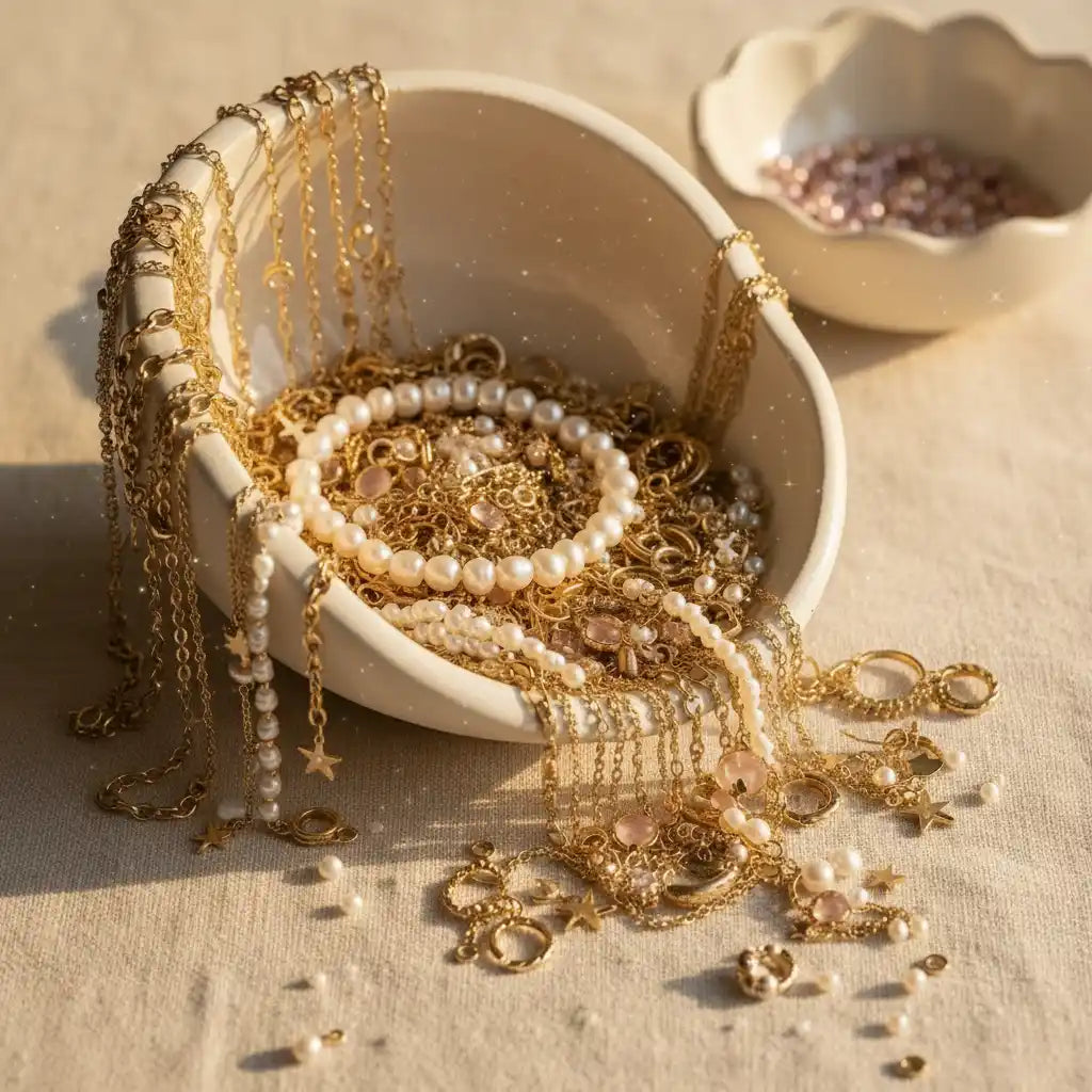 MystiBox mystery jewelry scoop with gold necklaces, pearl bracelets, and surprise fashion jewelry