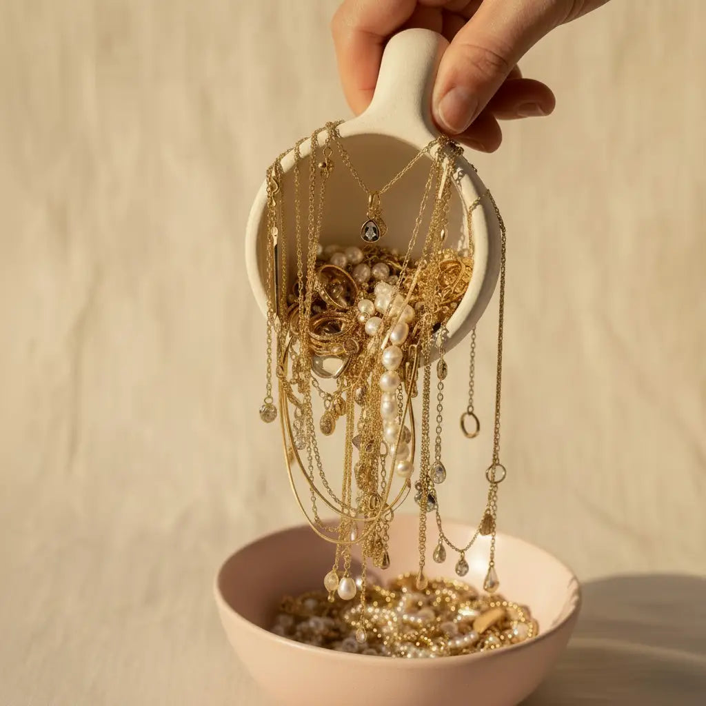 Mystery jewelry scoop bowl with gold and pearl fashion jewelry in warm natural light