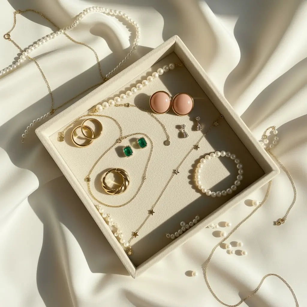 MystiBox mystery jewelry reveal tray with curated necklaces, bracelets, and rings