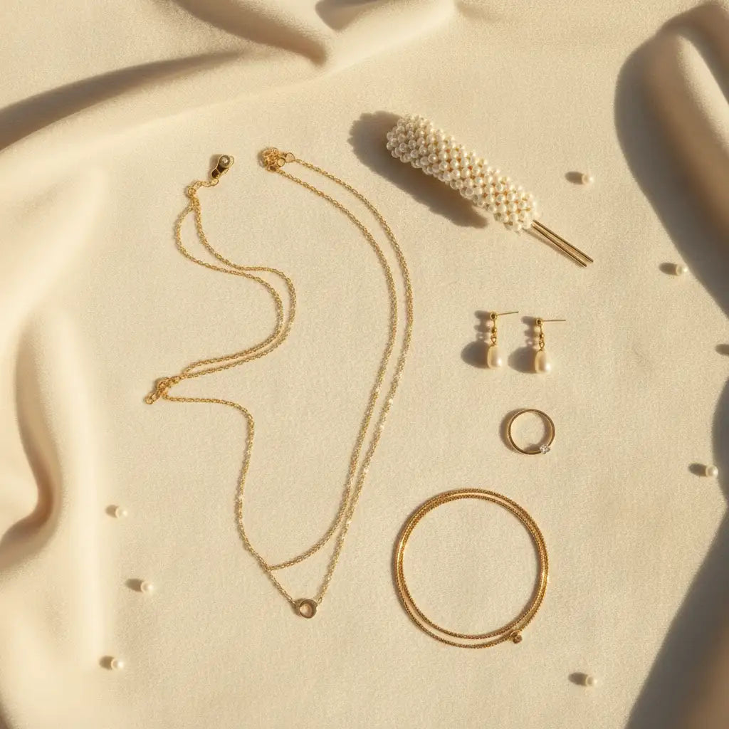 Refined MystiBox jewelry flat lay with gold-tone pieces and pearl accents