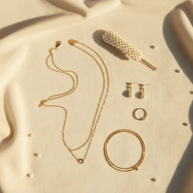 Refined MystiBox jewelry flat lay with gold-tone pieces and pearl accents